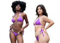 two women in purple bikinis standing next to each other