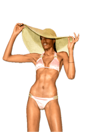 a woman wearing a pink bikini and a straw hat