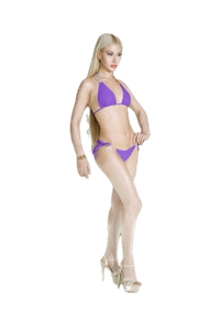 a woman in a purple bikini posing on a black background