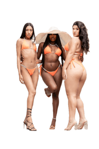 three women in orange bikinis standing next to each other